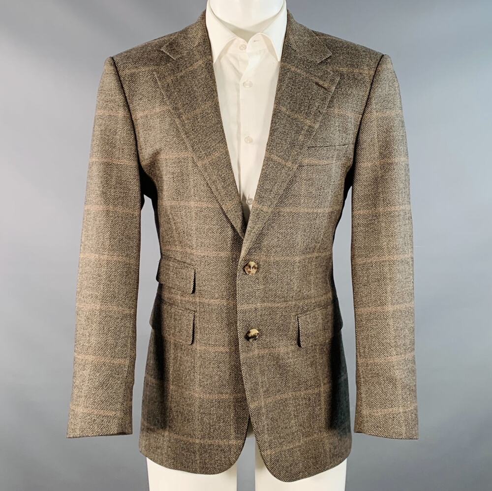 BOSS by HUGO BOSS Size 38 Brown Black Virgin Wool Cashmere Windowpane Sport Coat
